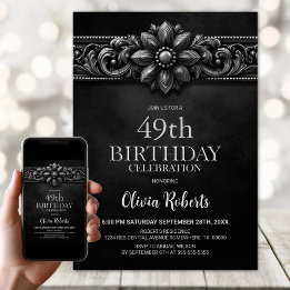 Invitation Silver Flower Black Any Age Birthday Party