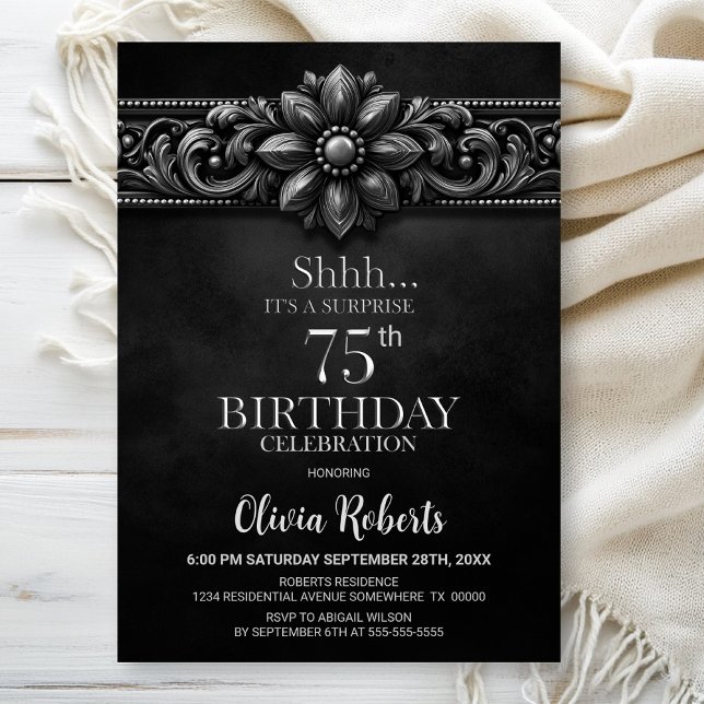 Invitation Silver Flower Black Surprise 75th Birthday Party (Créateur téléchargé)