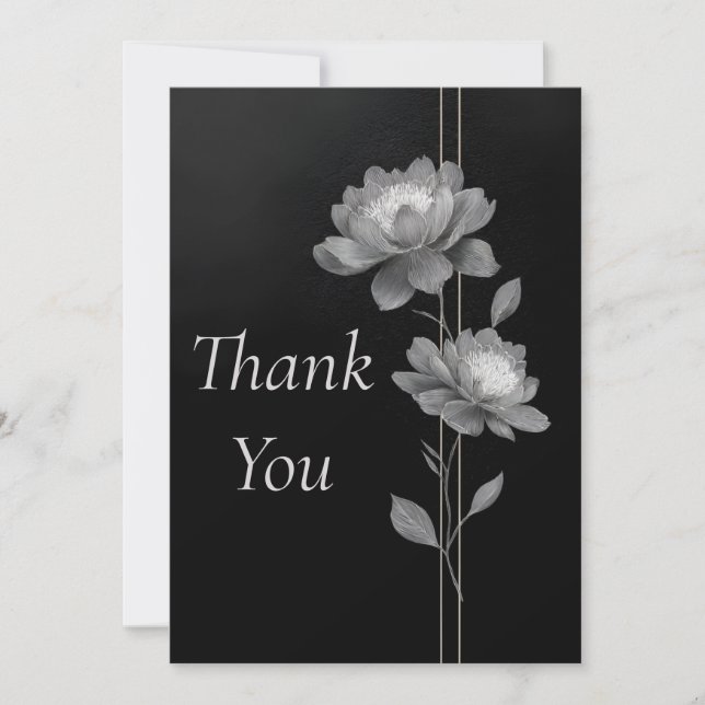 Invitation Silver Flowers & Lines on Black Thank You Card (Devant)