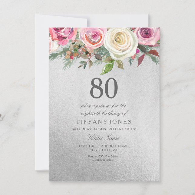 Invitation Silver Foil Rose blanche Rose 80e anniversaire Inv (Devant)