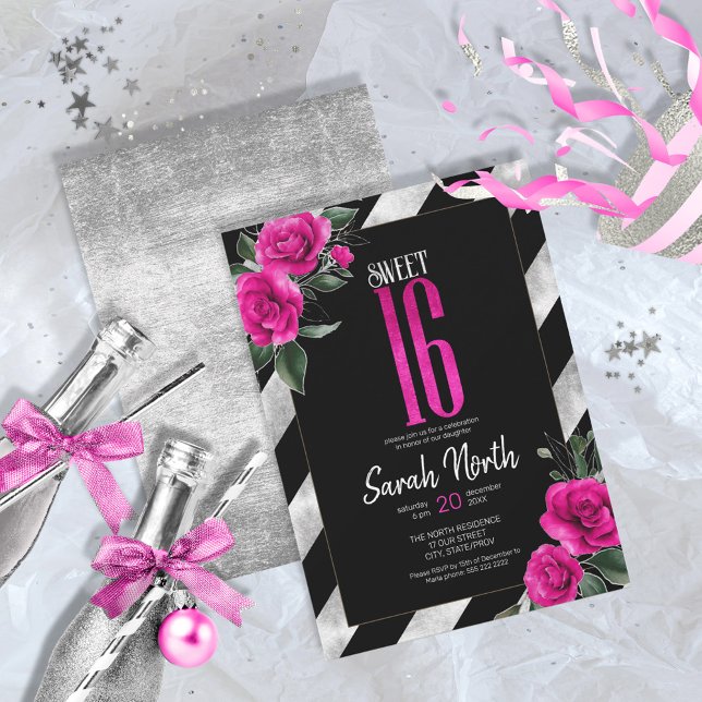 Invitation Silver Foil Stripes Floral Hot Pink ID759 (Créateur téléchargé)