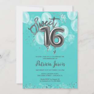 Invitation Silver Foil Sweet 16 Anniversaire Balloons Party T