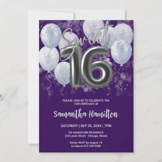 Invitation Silver Foil Sweet 16 Anniversaires Ballons Party P