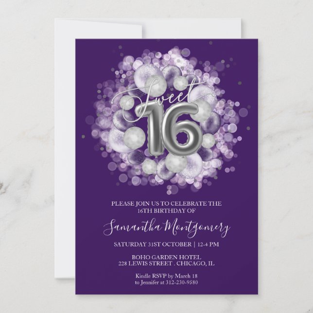 Invitation Silver Foil Sweet 16 Anniversaires Ballons Party P (Devant)