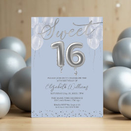 Invitation Silver Foil Sweet 16 Ballons d'anniversaire Bleu