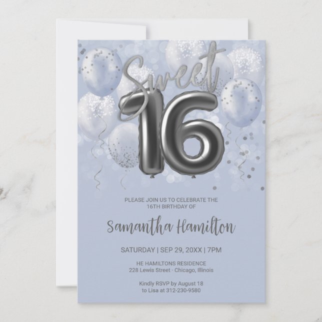 Invitation Silver Foil Sweet 16 Ballons d'anniversaire Dusty  (Devant)