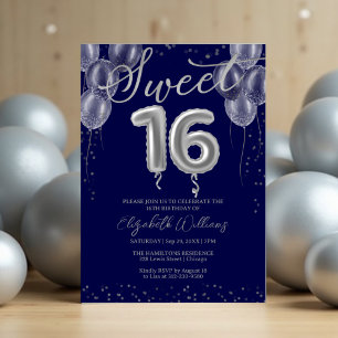 Invitation Silver Foil Sweet 16 Ballons d'anniversaire Royal 