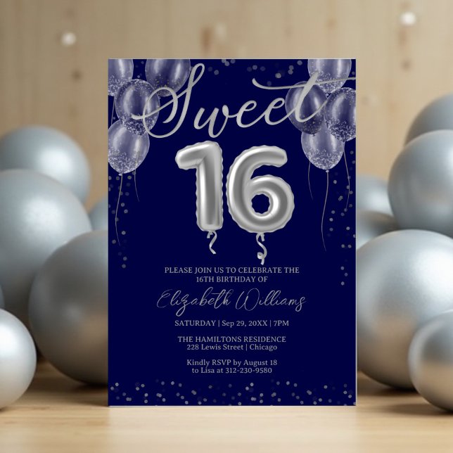 Invitation Silver Foil Sweet 16 Ballons d'anniversaire Royal  (Créateur téléchargé)
