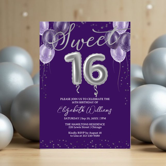 Invitation Silver Foil Sweet 16 Ballons d'anniversaire violet (Créateur téléchargé)