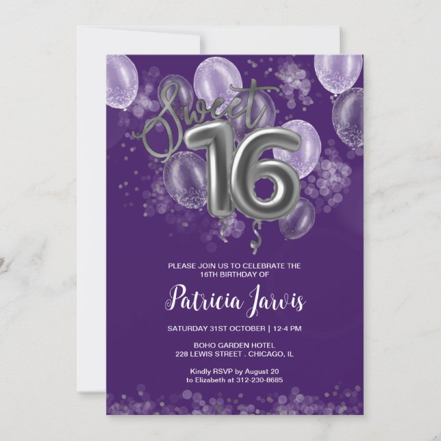 Invitation Silver Foil Sweet 16 Ballons Party violet (Devant)