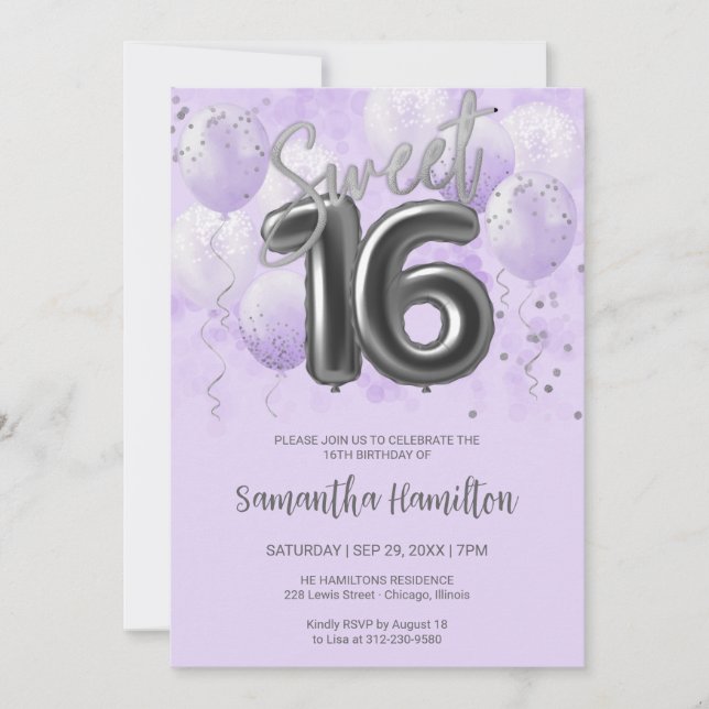 Invitation Silver Foil Sweet 16 Balloons d'anniversaire Lavan (Devant)