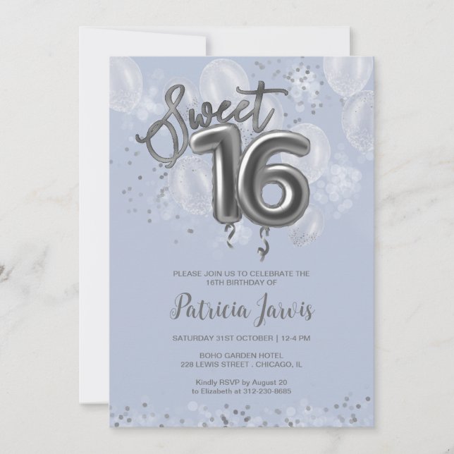Invitation Silver Foil Sweet 16 Balloons Party Dusty Blue (Devant)