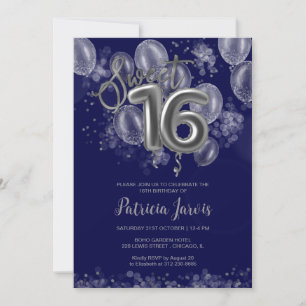 Invitation Silver Foil Sweet 16 Balloons Party Royal Blue