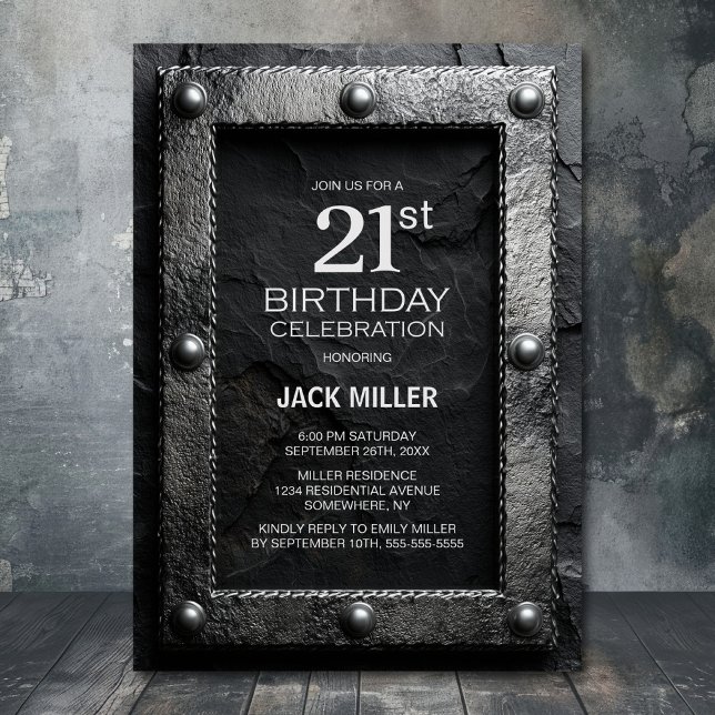 Invitation Silver Frame Black Slate 21st Birthday Party (Créateur téléchargé)