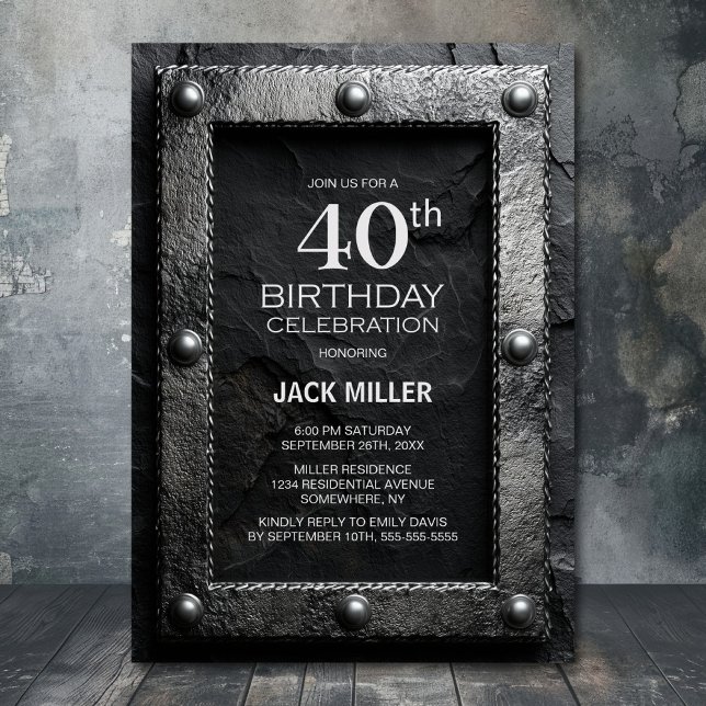 Invitation Silver Frame Black Slate 40th Birthday Party (Créateur téléchargé)