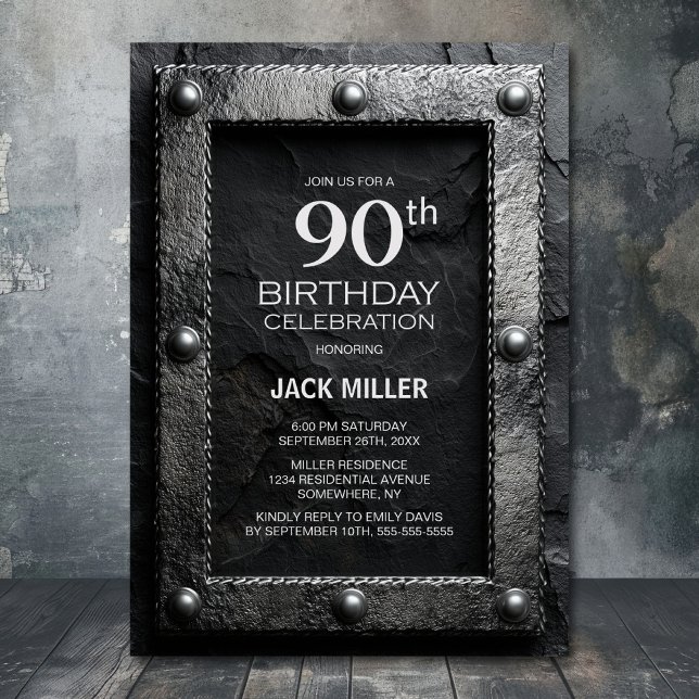 Invitation Silver Frame Black Slate 90th Birthday Party (Créateur téléchargé)