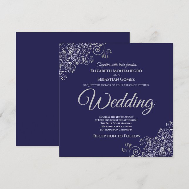 Invitation Silver Frills Elegant Carré bleu marine Mariage (Devant / Derrière)