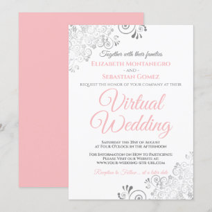 Invitation Silver Frills Élégant Mariage virtuel rose et blan