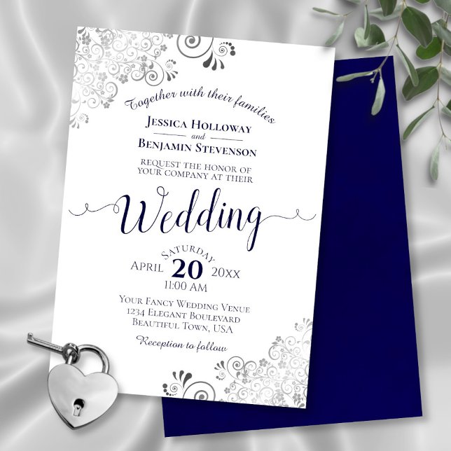 Invitation Silver Frills Elegant Marine Bleu & Blanc Mariage (In Situ Front and Back)