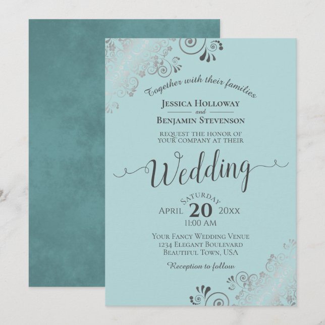 Invitation Silver Frills Elegant Mint Turquoise & Grey Mariag (Devant / Derrière)