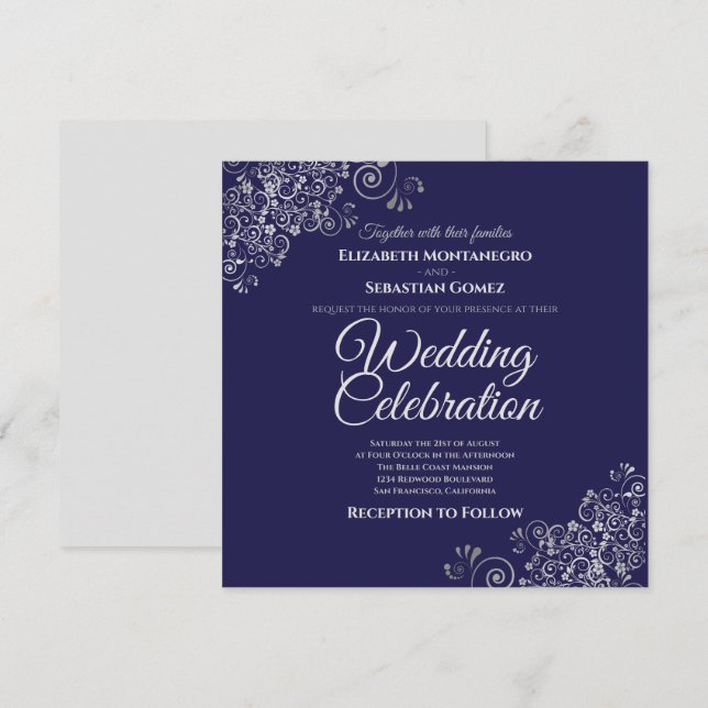 Invitation Silver Frills Marine Simple Elegant Carré Mariage (Devant / Derrière)