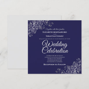 Invitation Silver Frills Marine Simple Elegant Carré Mariage