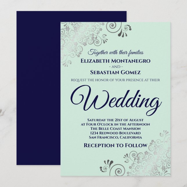 Invitation Silver Frills Mint Green & Navy Blue Chic Mariage (Devant / Derrière)