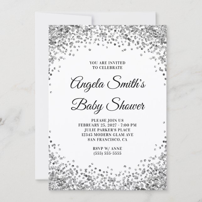 Invitation Silver Glitter Border White Baby Shower (Devant)