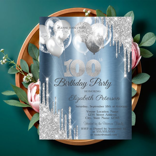 Invitation Silver Glitter Drips Balloons Blue Metallic 100th  (Créateur téléchargé)