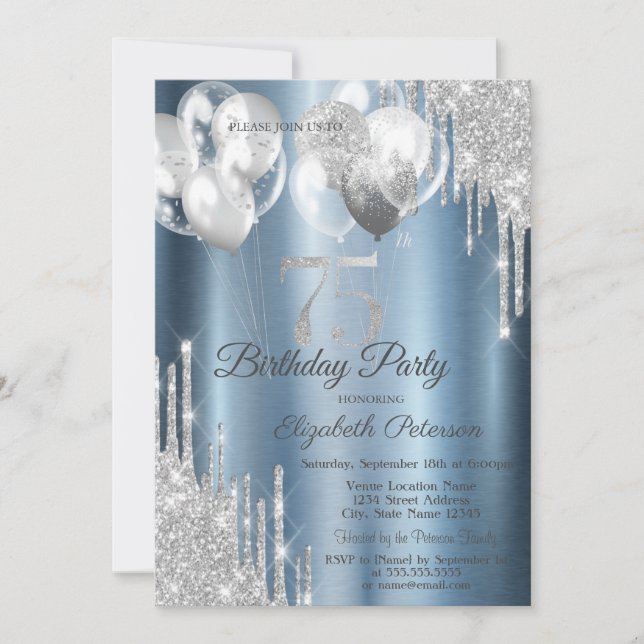 Invitation Silver Glitter Drips Balloons Blue Metallic 75th  (Devant)