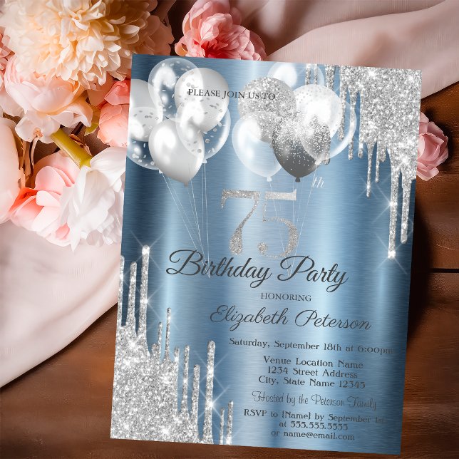 Invitation Silver Glitter Drips Balloons Blue Metallic 75th  (Créateur téléchargé)