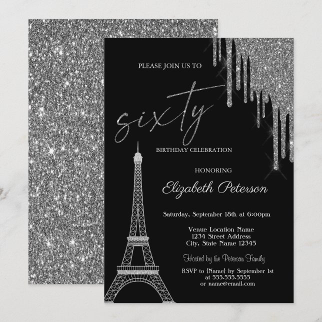 Invitation Silver Glitter Drips, Eiffel Tower 60t Birthday  (Devant / Derrière)