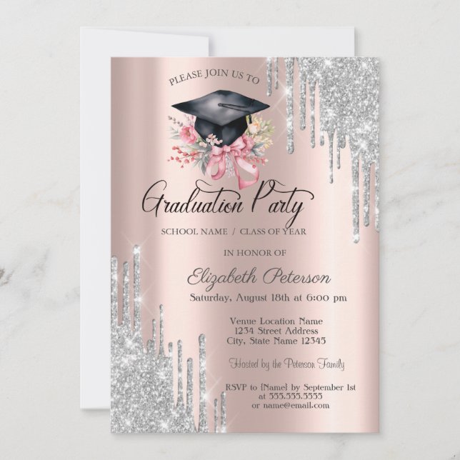 Invitation Silver Glitter Drips Floral Grad Cap Rose Gold (Devant)