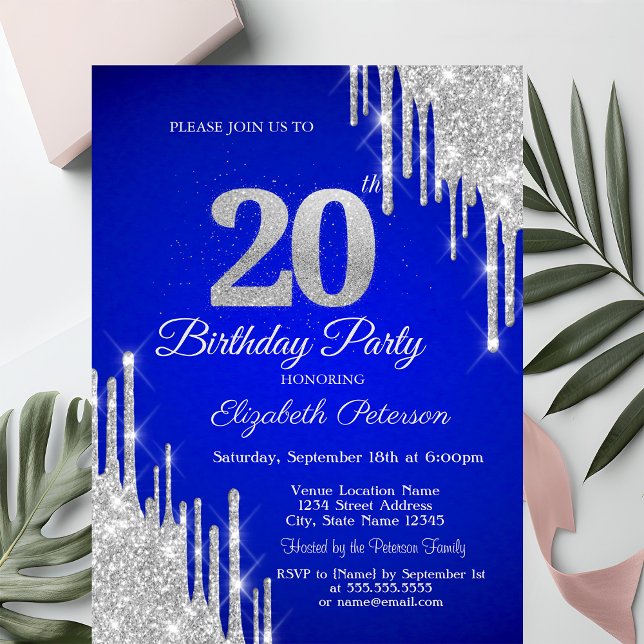 Invitation Silver Glitter Drips Royal Blue 20th Birthday  (Créateur téléchargé)