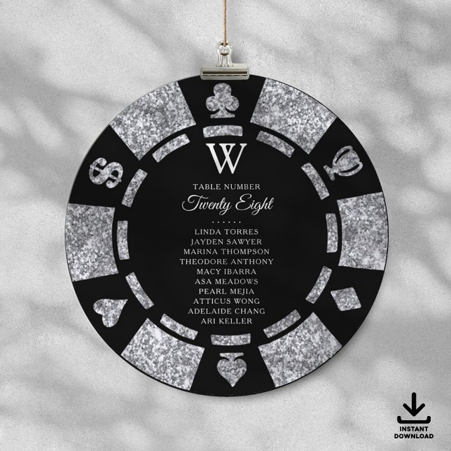 Invitation Silver Glitter Monogram Poker Chip Casino Wedding (Créateur téléchargé)