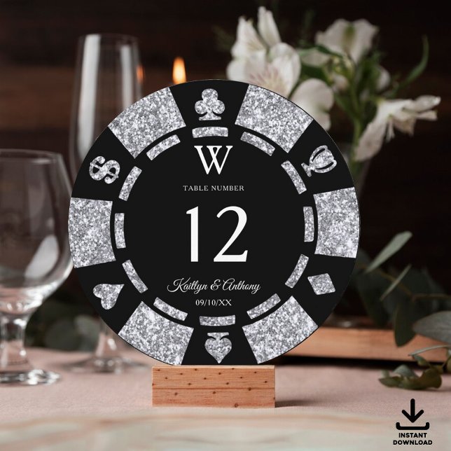 Invitation Silver Glitter Monogram Poker Chip Casino Wedding (Créateur téléchargé)