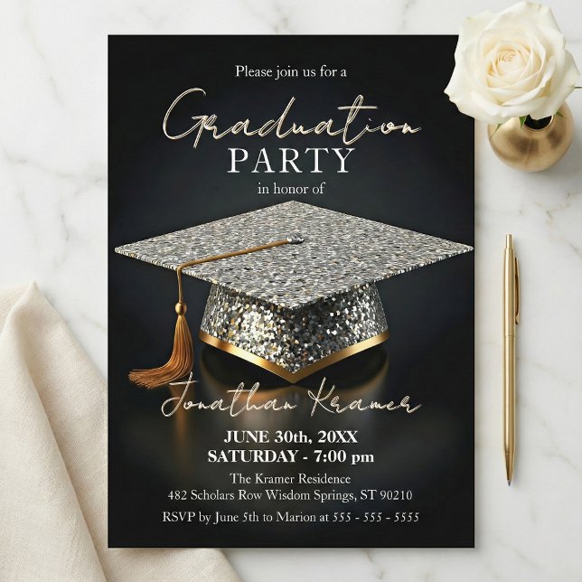 Invitation Silver Glitter Mosaic Black Gold Graduation Party (Créateur téléchargé)