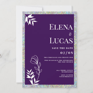 Invitation Silver glitter purple white sketch floral wedding 