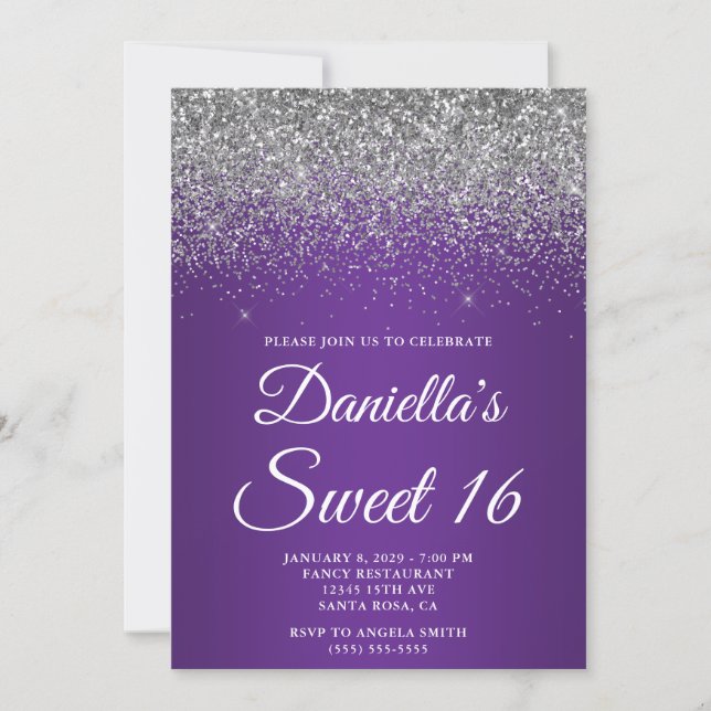 Invitation Silver Glitter Royal Purple Gradient Sweet 16 (Devant)