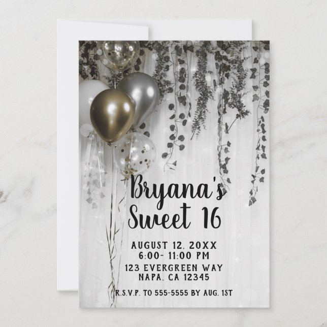 Invitation Silver Gold Metallic Party Balloons Ivy Sweet 16 (Devant)