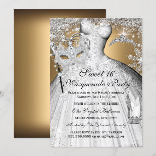 Invitation Silver Gold Princess Masquerade Sweet 16 Invitatio