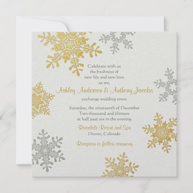 Invitation Silver Gold Snowflake Carré Mariage d'hiver (Devant)