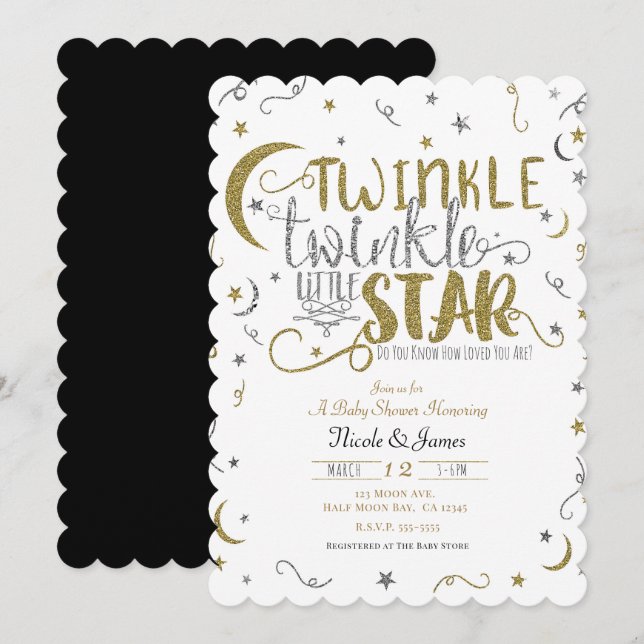 Invitation Silver & Gold Twinkle Baby shower Little Star (Devant / Derrière)