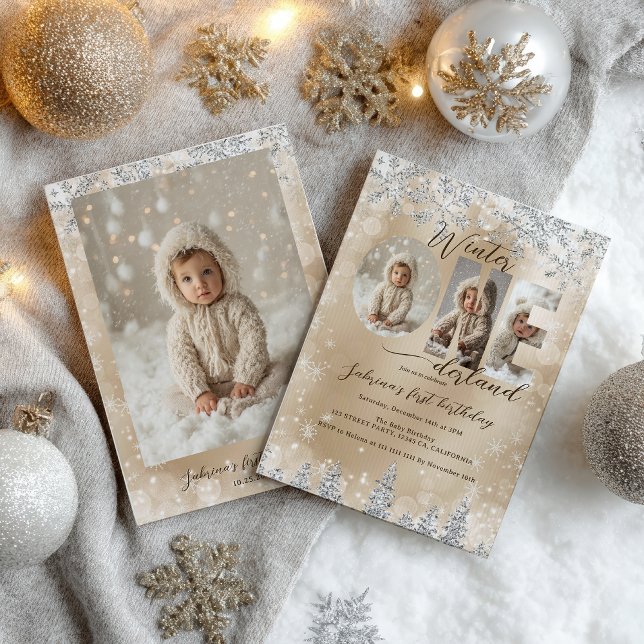 Invitation Silver Gold Winter ONEderland Photo First Birthday (Silver Gold Winter ONEderland Photo First Birthday Invitation)