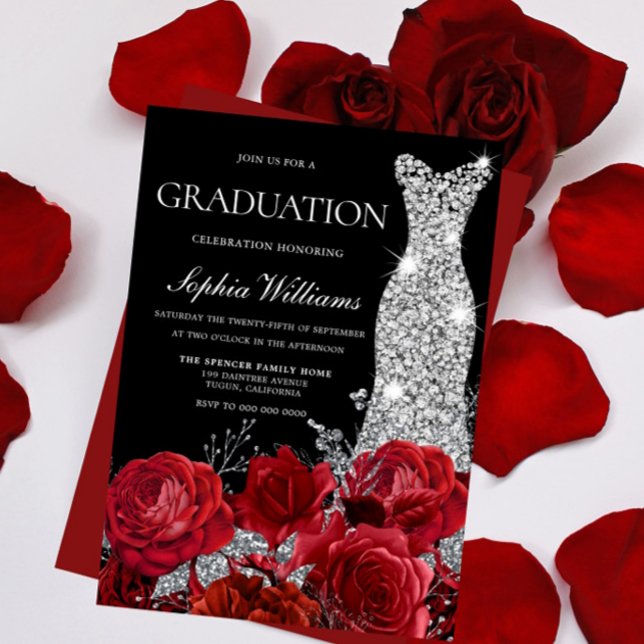 Invitation Silver Gown Red Roses Black Graduation Party Invit (Créateur téléchargé)