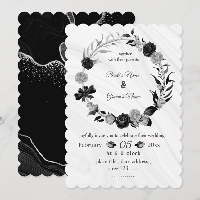 Invitation silver gray & black floral wreath wedding (Devant / Derrière)
