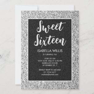 Invitation Silver gray scintille Sweet 16 élégant script