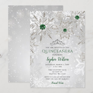 Invitation Silver Green Snowflake Princesse Tiara Quinceañera