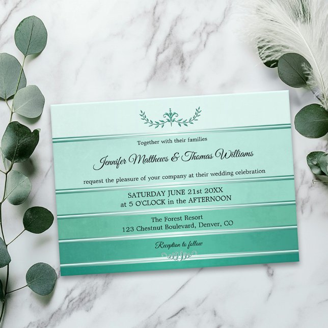 Invitation Silver Green Striped Ton sur Ton Mariage (Wedding invitation featuring an elegant green tone on tone striped design with a silver lining)