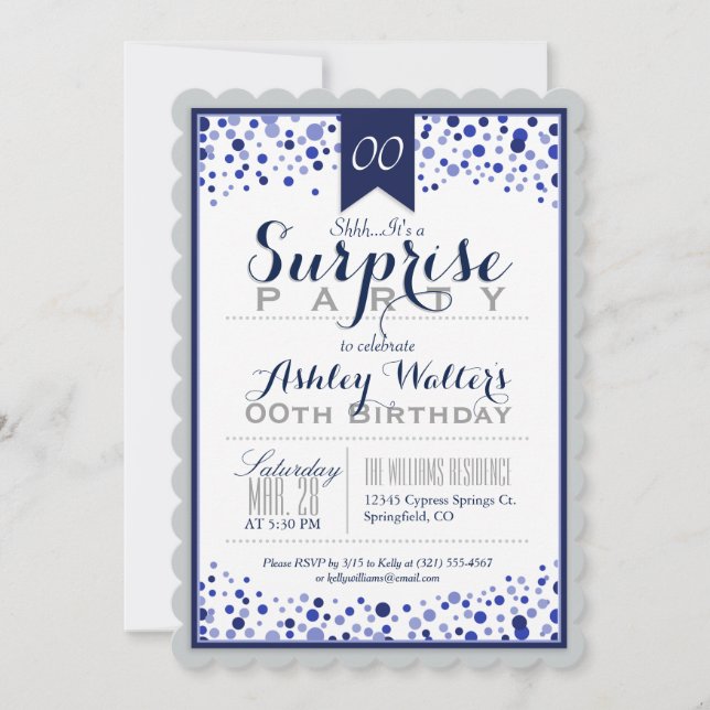 Invitation Silver Grey, Blanc, Navy Blue Surprise Party (Devant)